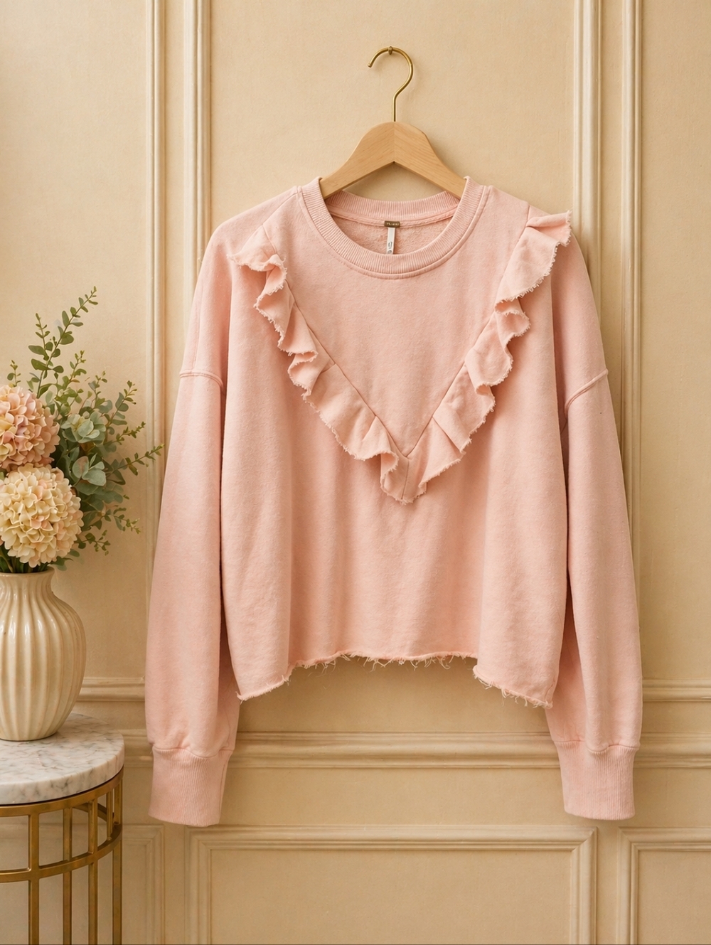 Free People Large Ruffle V-Detail Sweatshirt in Blush Cropped